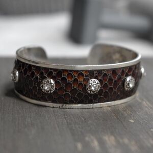 Brighton Joplin Cuff Bracelet Brown Leather Scales Studded w/ Clear Crystals